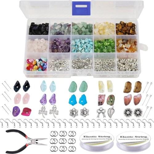 15 Grids DIY Jewelry Natural Chip Stone Gemstone Beads Kit Cup Earring Hook Jump Ring Hook Pin Box Sets For Jewelry Making