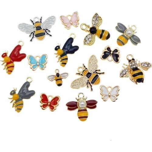 Julie Wang 15PCS Enamel Bee Charms Alloy Mixed Bumblebee Honeybee Butterfly Necklace Pendant Findings Jewelry Making Accessory
