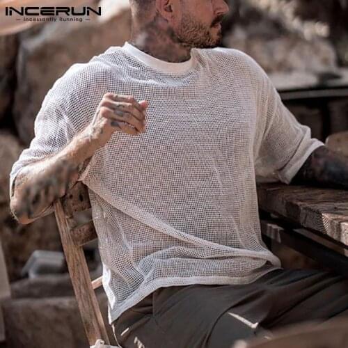 2021 Men T Shirt Mesh Transparent O Neck Short Sleeve Sexy Casual Thin Tee Tops Breathable Streetwear Party Camisetas INCERUN