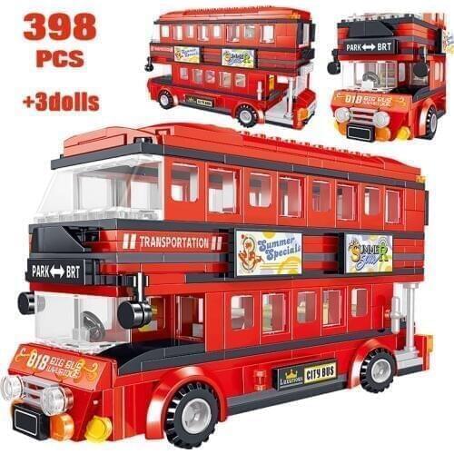 398PCS Creator Brt Double Deck Bus Building Blocks Technical Red Bus City School Car Bricks Enlightenment Toys for Kids