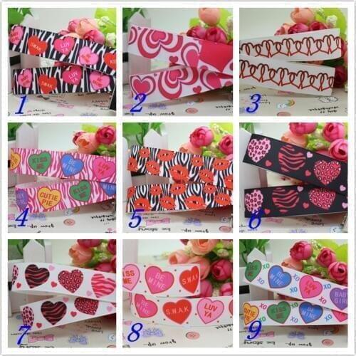 7/8'' Free shipping valentine love heart printed grosgrain ribbon hairbow headwear party decoration diy wholesale OEM 22mm D343