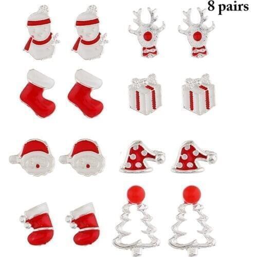 8 Pairs Christmas Ear Studs Snowman Xmas Tree Elk Santa Earrings Stud Earrings Geometric Earrings For Women 2020 Jewelry Gift