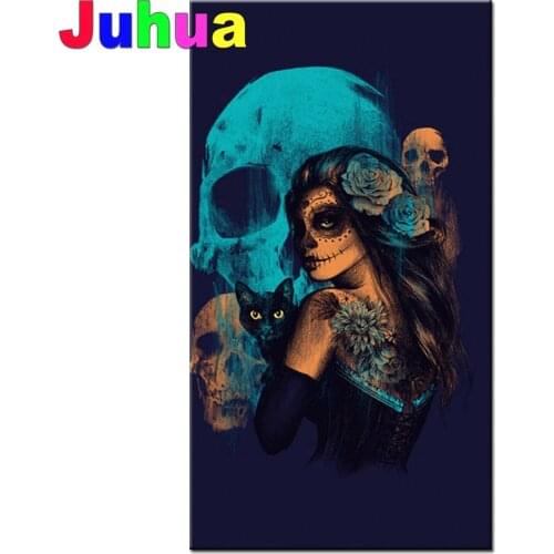 Large 5d Diamond Painting Cross Stitch Skull Cat Woman DIY Full Square\Round Embroidery Rhinestone Picture Fantasy Portrait
