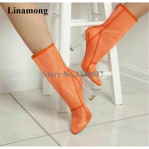Hot Selling Women Fashion Pointed Toe Candy Colors Mesh Short Transparent Chunky Heel Boots Pink Orange Ankle Booties Dress Shoe
