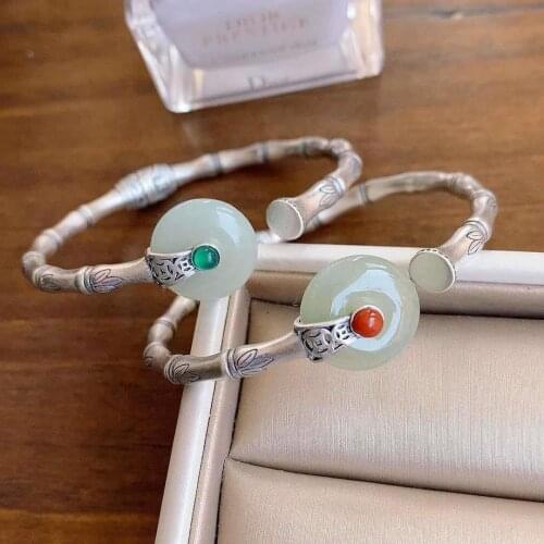 Chinese Style Retro S925 Sterling Silver Bamboo Bracelet Simple Opening Hetian Jade Peace Buckle Ancient Style Bracelet Ornament