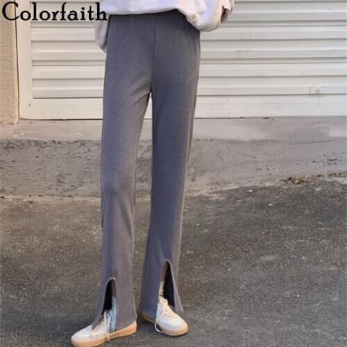 Colorfaith New 2021 Womens Spring Autumn Women Pants High Waist Sweatpants Bell-bottomed Pants Split Ankle-Length Trousers P428