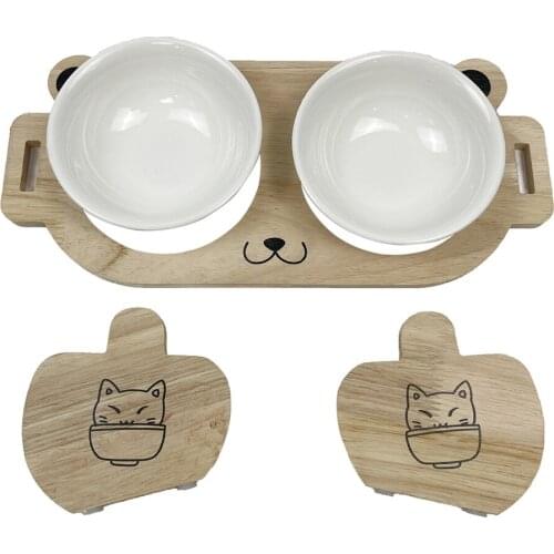 Double Cat Bowl Dog Pet Bowls with Wood Stand Eco Friendly Raised Anti-Slip 2 Ceramic Pet Puppy Food Shelf Water Feeder Tool