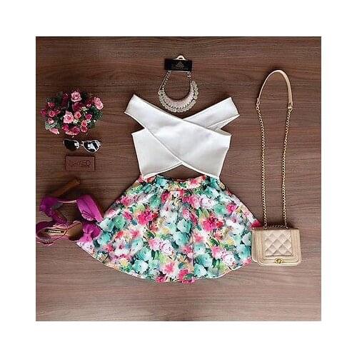 2pcs Set Sexy Women Summer Floral Sleeveless Casual Evening White V Neck Top Short Shirt & Flower Colorful Mini Skirt Wholesale