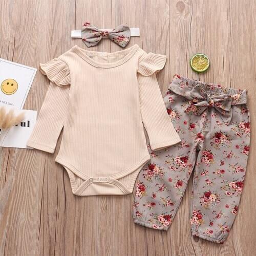 Newborn Baby Girls Autumn Clothes Set Solid Color Long Sleeve Romper Tops Flowers Pants Headband 3Pcs Infant Clothing Outfits