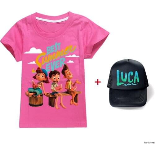 Summer Kids Short Sleeve T-shirt Movie Luca Childrens Clothing Boys Girls Clothes Printed Cartoon Casual Cotton T-shirt+cap