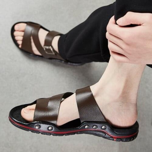 Large size 38-46 Men Slippers Genuine Leather 2020 Mens Summer Shoes Casual Beach Slipper Male Home Shoe Soft Breathable w5