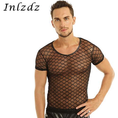 Mens Lingerie Sex Costume Grid Tank Shirt See-through Mesh Exotic Costume Short Sleeve T-shirt Top Clubwear Undershirt for Sex