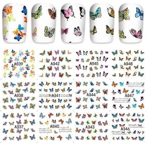 12 sheets water decal nail art decorations nail sticker tattoo full Cover colorful butterflies Decals manicure supplies A337-348