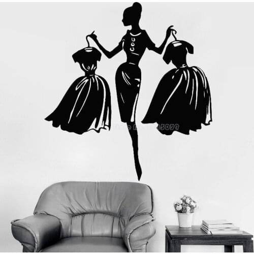 Wall Decal Girls Fashion Clothing Shop Window Stickers Living Room Vinyl Wall Sticker Fashion Lady With Dress Wall Murals LL2499