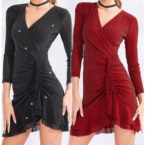 2020 New Latin Dance Dress Sequin Dancing Dress Adults Latin Practice Wear ChaCha Perform Rumba Dress Sexy Latin Dress Women