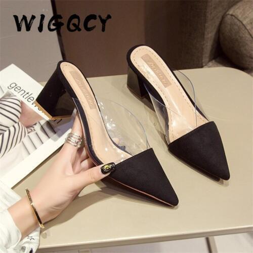 Pointed High Heels New Suede Square Heel Pumps Summer Shoes Women Fashion Muller Slippers Women Patchwork Shallow Ladies Shoes