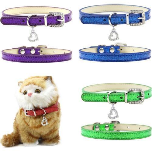 Pet Dog Cat Collar Bling Love Heart Crystal Pendants Necklace Safety Soft Leather Kitten Puppy Neck Strap Jewelry Accessories