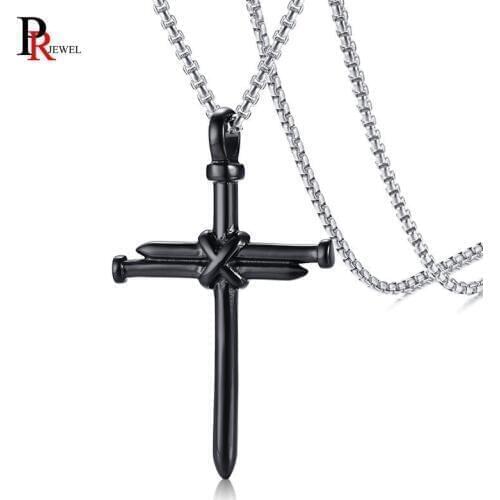 Mens Stainless Steel Nail Rope Cross Pendant Necklace with Stainless Steel Free Box Chain 24 inch Male Accessories