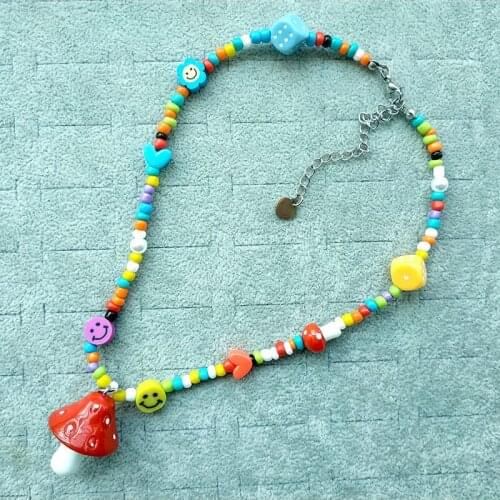 Cute Handmade Colorful Beads Chain Horse Mushroom Pendant Necklace For Women Choker Accessories Fashion Party Jewelry Gifts
