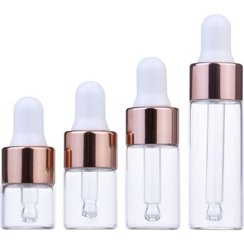 Clear Glass Dropper with Pipette Essential Oil Bottle Rose Gold Cap White Top1ml 2ml 3ml 5ml Empty Packaging Container 100pieces