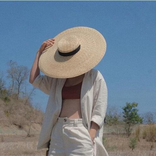 Women Raffia Wide Brim Boater Hat 15cm 18cm Brim Straw Hat Flat Women Summer With White Black Ribbon Tie Sun Hat Beach Cap