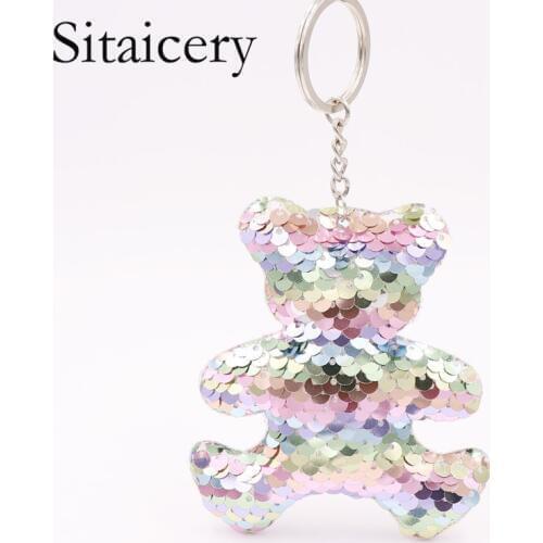 Sitaicery Pom Pom Sequins Trinket Bear Keychain Pokemon Keychain Key Rings Animals Pendant For Car Keys Women Girl Best Gifts