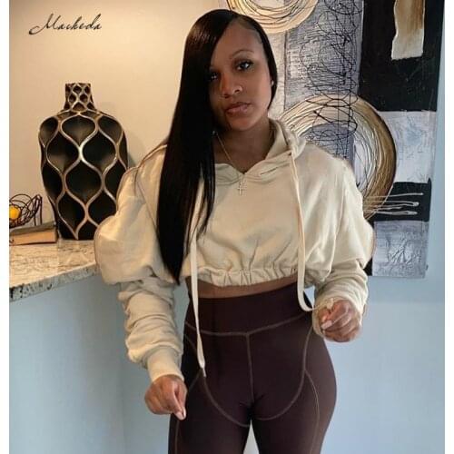 Macheda Autumn Winter White Sweatshirts Women Warm Long Sleeve Hooded Clothing Fashion Lady Casual Solid Short Top 2020 New