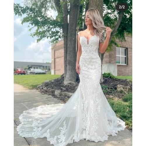 Vintage Long Lace Wedding Dresses Mermaid Illsion Back Sweep Train Robes De Mariée Bridal Gown For Women