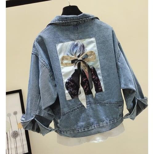 Plus Size Denim Jacket Womens New Print Back Bow Short Student Jeans Basic Coat Clothes Spring Autumn Streetwear Outerwear