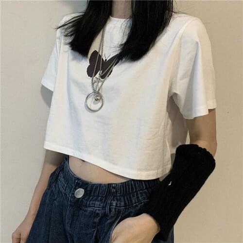 T-shirt Women Short Sleeve Loose Butterfly Print O-neck Summer Vintage Korean Style Crop Tops Fashion Simple All-match Student