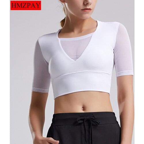With Chest Pad Deep V-Neck Net Red Yoga Clothes Womens Tight Mesh Running Clothes Sexy Fitness Sports Shirt Short Sleeves