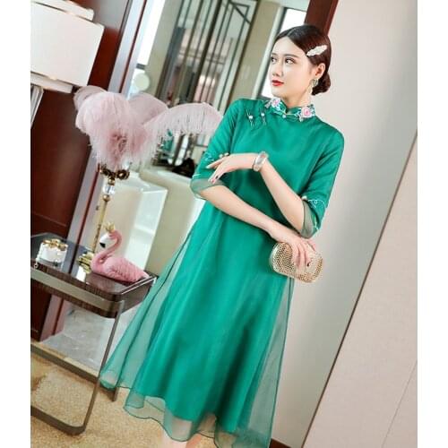 Spring new original design long section Chinese style Embroidered big size loosen retro stand collar organza dress for women