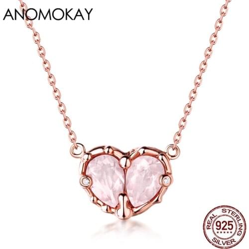 Anomokay Classic Romantic Pink Zircon Heart Rose Gold Color Necklace for Women Genuine Sterling 925 Silver Love Necklaces Gift