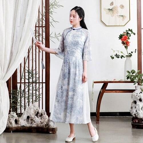 2021 Summer New Ink Painting Printing Cheongsam Dress Lace Half Sleeve Chiffon Round Neck Hanfu Dresses Chinese Style Qipao New