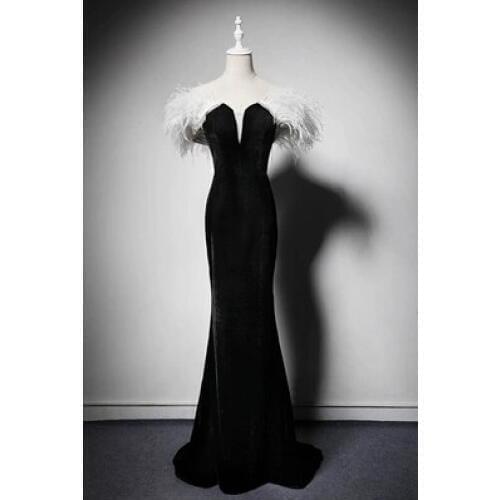 100%real black velvet with feather decoration shoulder mermaid long dress/cosplay/stage performence/studio/can customs size