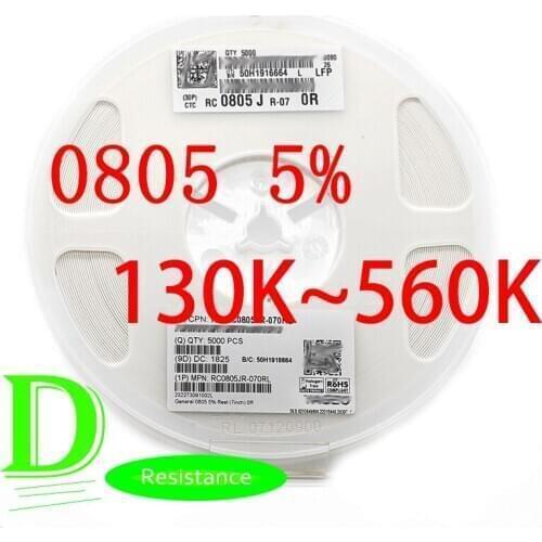 100PCS SMD Resistor 0805 5% RC0805JR-07 Series 130K 150K 160K 180K 200K 220K 240K 270K 300K 330K 360K 390K 430K 470K 510K 560K