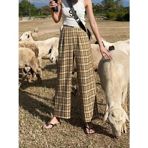 2021korean Fashion Simple Vintage Plaid Causal Long Women Pants Street Fashion Straight Wide Leg Pant