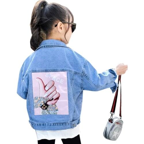 Girls Denim Jacket Sequin Coat For Girls Floral Pattern Childrens Coats Spring Autumn Kids Clothing