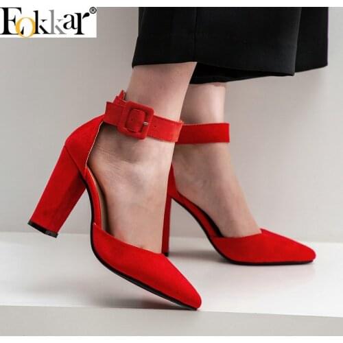 Eokkar 2019 Office Lady Square High Heel Dress Shoes Flock Pointed Toe Buckle Strap Pumps Shoes For Women Black Shoes Size 34-43