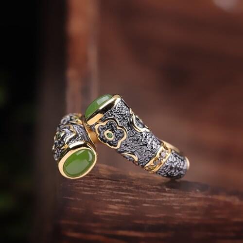 Dainty Female Natural Jade Ring Real 100% 925 Sterling Silver Wedding Rings For Women Vintage Adjustable Flower Engagement Ring