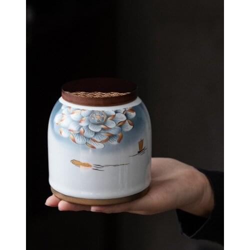 Ceramic Tea Jar with Wooden Cover Tea Container Mini Small Sized Kung Fu Tea Set Sealed Jar Pu-Erh Small Tea Warehouse Tea Tins