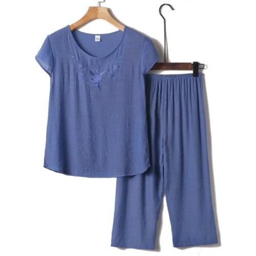 2PCS Comfortable Mother Nightie Linen Cotton Home Clothes Pajamas Sets Female Short Sleeve Summer Women Pijama Plus Large Size