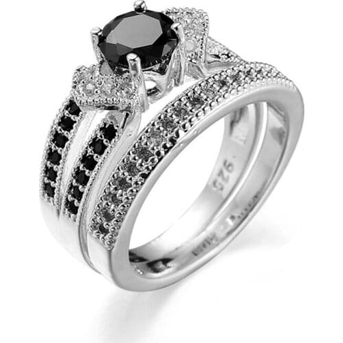 Fashion Black zircon Couple Rings set 925 sterling silver Wedding Rings for Women and Men 1 Pair Engagement Ring Set Jewelry