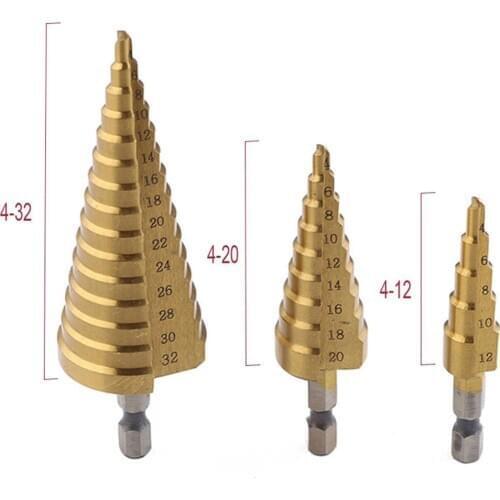 Hss step drill bit set cone hole cutter Taper metric 4 - 12 / 20 / 32mm 1 / 4 "titanium coated metal hex core drill bits