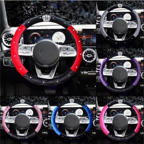 New Car Accessories Crown Rhinestone Diamond Women Mens Winter Plush Double Color Steering Wheel Cover Set