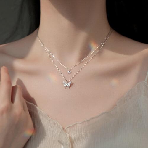 VENTFILLE 925 Sterling Silver Double Layer Necklace Shiny Zircon Cute Butterfly Pendant Choker Gift For Women Fine Jewelry