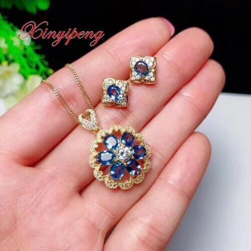 Xin yi peng 925 silver inlaid natural sapphire necklace earrings suit women beautiful