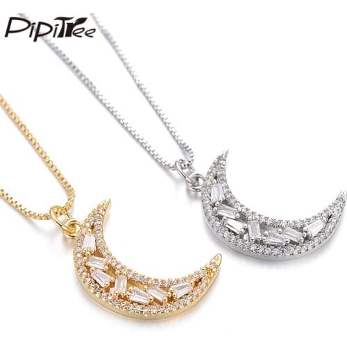 Pipitree Shiny Princess Cut Cubic Zirconia Crystal Moon Necklace Pendant Zircon Jewelry Necklaces for Women Bridal Wedding Gift