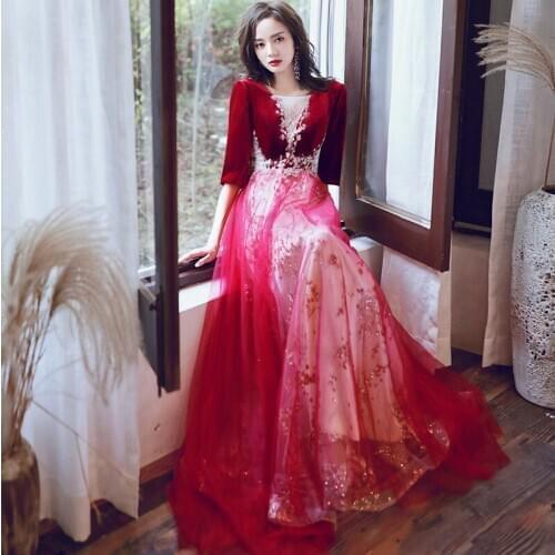 Robe de soiree Sequins Applique Velour Oriental Banquet Dress Chinese Traditional Wedding Cheongsam Elegant Evening Gowns