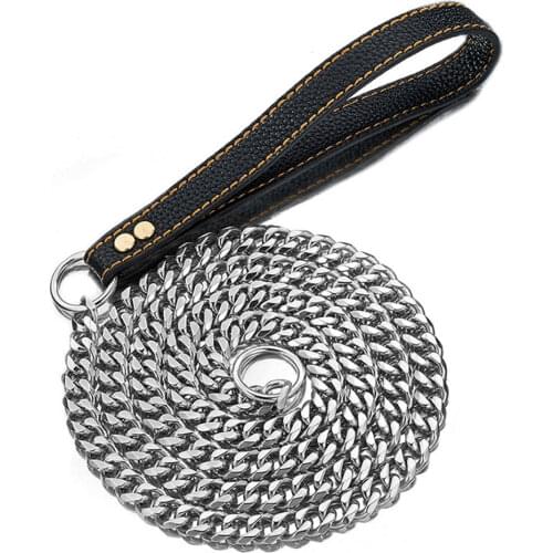 15MM Stainless Steel Dog Chain Leash With Leather Handle Training Heavy Duty Strong Chew Proof 3ft For Small Medium Big Dogs